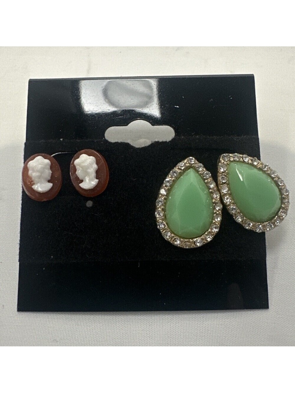 VTG Style Stud Earrings Cameo Lady + Green Teardrop Costume Jewelry